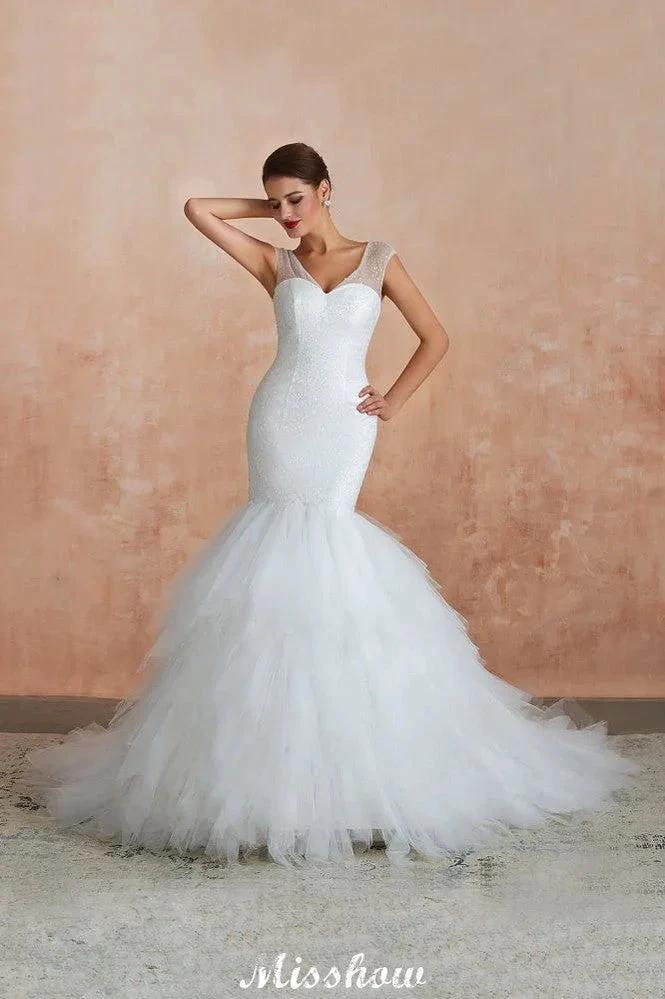 Luxury V-Neck Cap Sleeve Beach Lace up White Bridal Gowns with Sequins by misshow.com