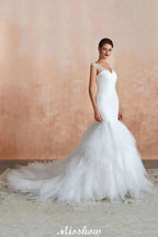 Luxury V-Neck Cap Sleeve Beach Lace up White Bridal Gowns with Sequins by misshow.com