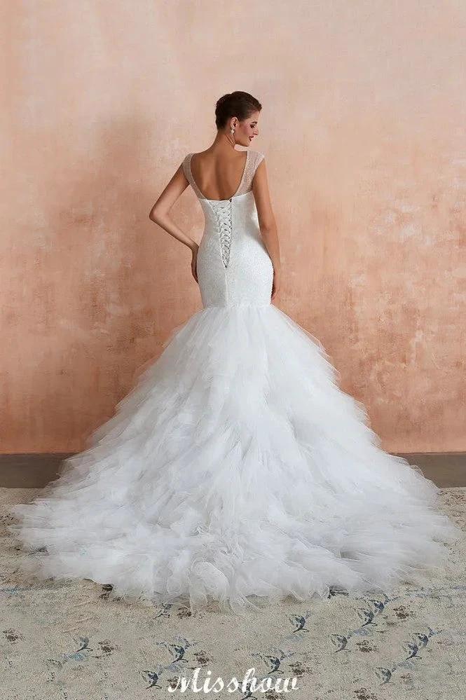 Luxury V-Neck Cap Sleeve Beach Lace up White Bridal Gowns with Sequins by misshow.com