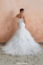 Luxury V-Neck Cap Sleeve Beach Lace up White Bridal Gowns with Sequins by misshow.com
