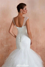 Luxury V-Neck Cap Sleeve Beach Lace up White Bridal Gowns with Sequins by misshow.com