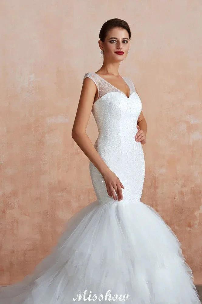 Luxury V-Neck Cap Sleeve Beach Lace up White Bridal Gowns with Sequins by misshow.com
