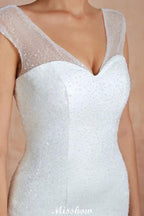 Luxury V-Neck Cap Sleeve Beach Lace up White Bridal Gowns with Sequins by misshow.com