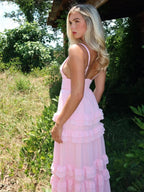 Decebal | A Line Pink Chiffon Tiered Ruffles Long Prom Dress by KissProm