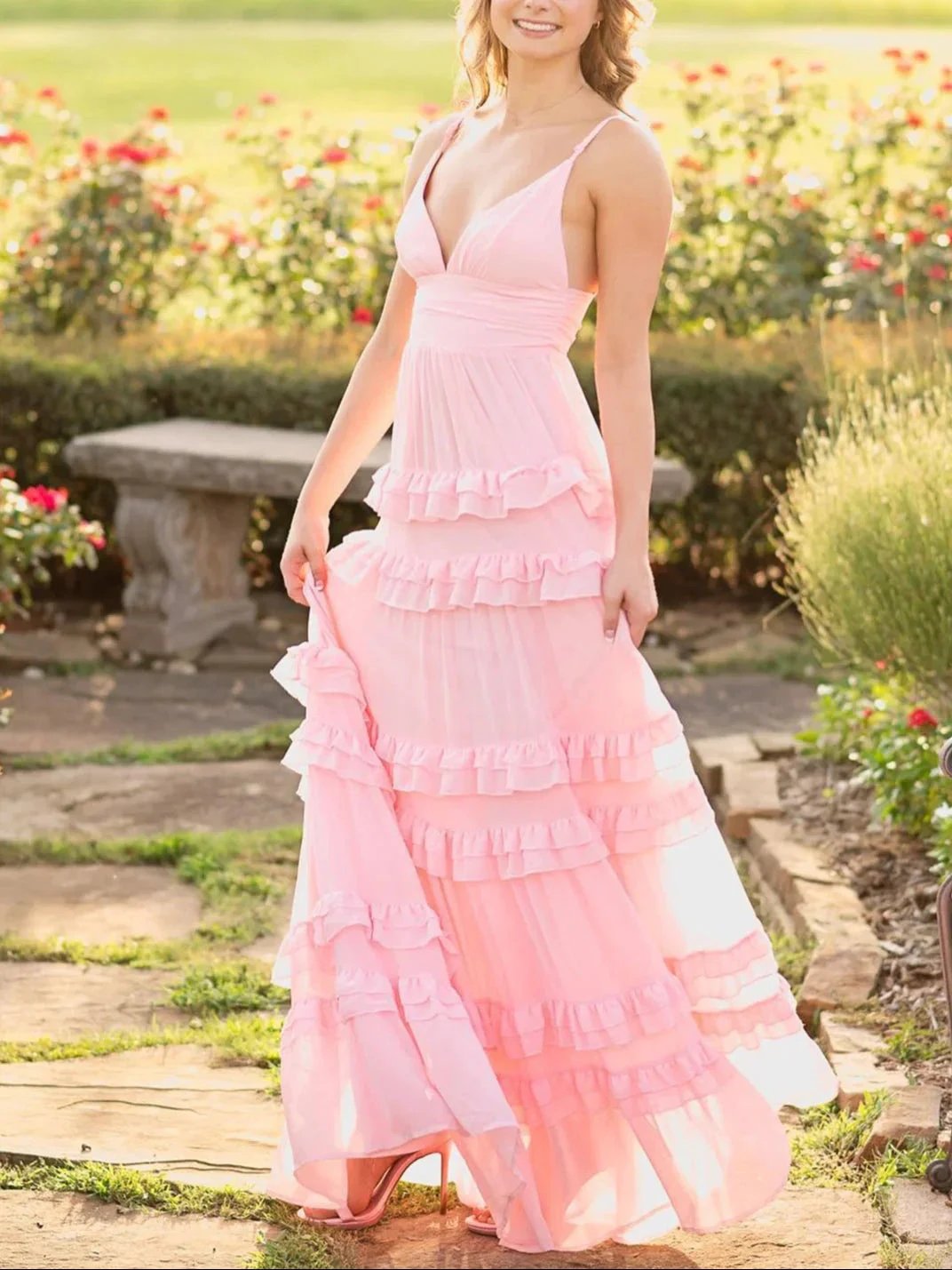Decebal | A Line Pink Chiffon Tiered Ruffles Long Prom Dress by KissProm