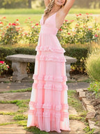 Decebal | A Line Pink Chiffon Tiered Ruffles Long Prom Dress by KissProm