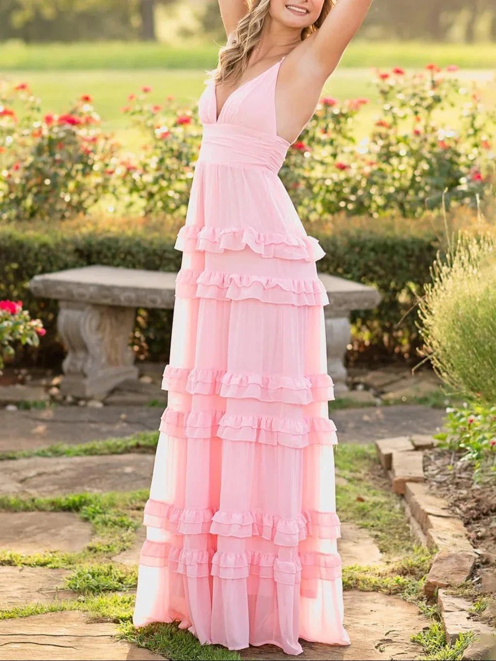 Decebal | A Line Pink Chiffon Tiered Ruffles Long Prom Dress by KissProm