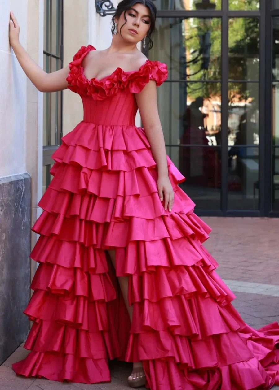 Madelynn | Off-Shoulder Ruched A-Line Layered Satin Prom Dress with Slit by KissProm