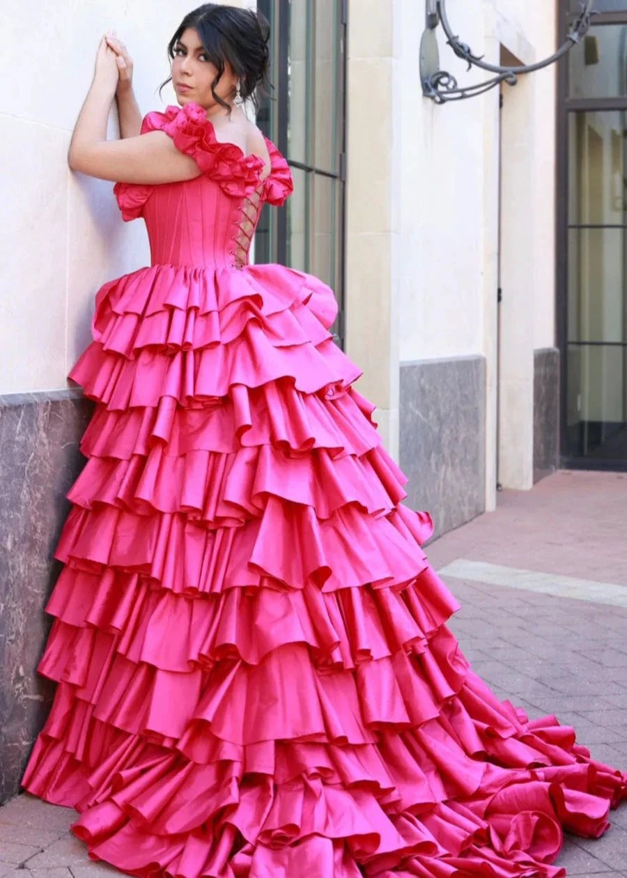 Madelynn | Off-Shoulder Ruched A-Line Layered Satin Prom Dress with Slit by KissProm