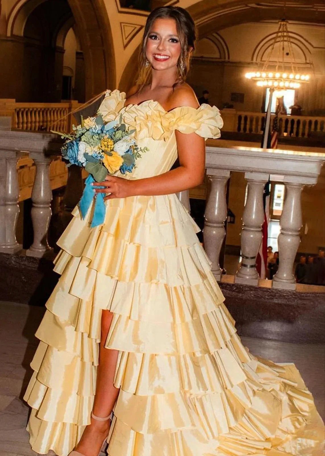 Madelynn | Off-Shoulder Ruched A-Line Layered Satin Prom Dress with Slit by KissProm