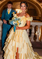 Madelynn | Off-Shoulder Ruched A-Line Layered Satin Prom Dress with Slit by KissProm