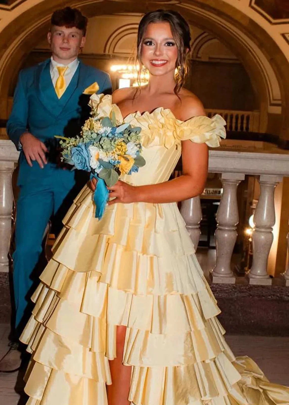 Madelynn | Off-Shoulder Ruched A-Line Layered Satin Prom Dress with Slit by KissProm
