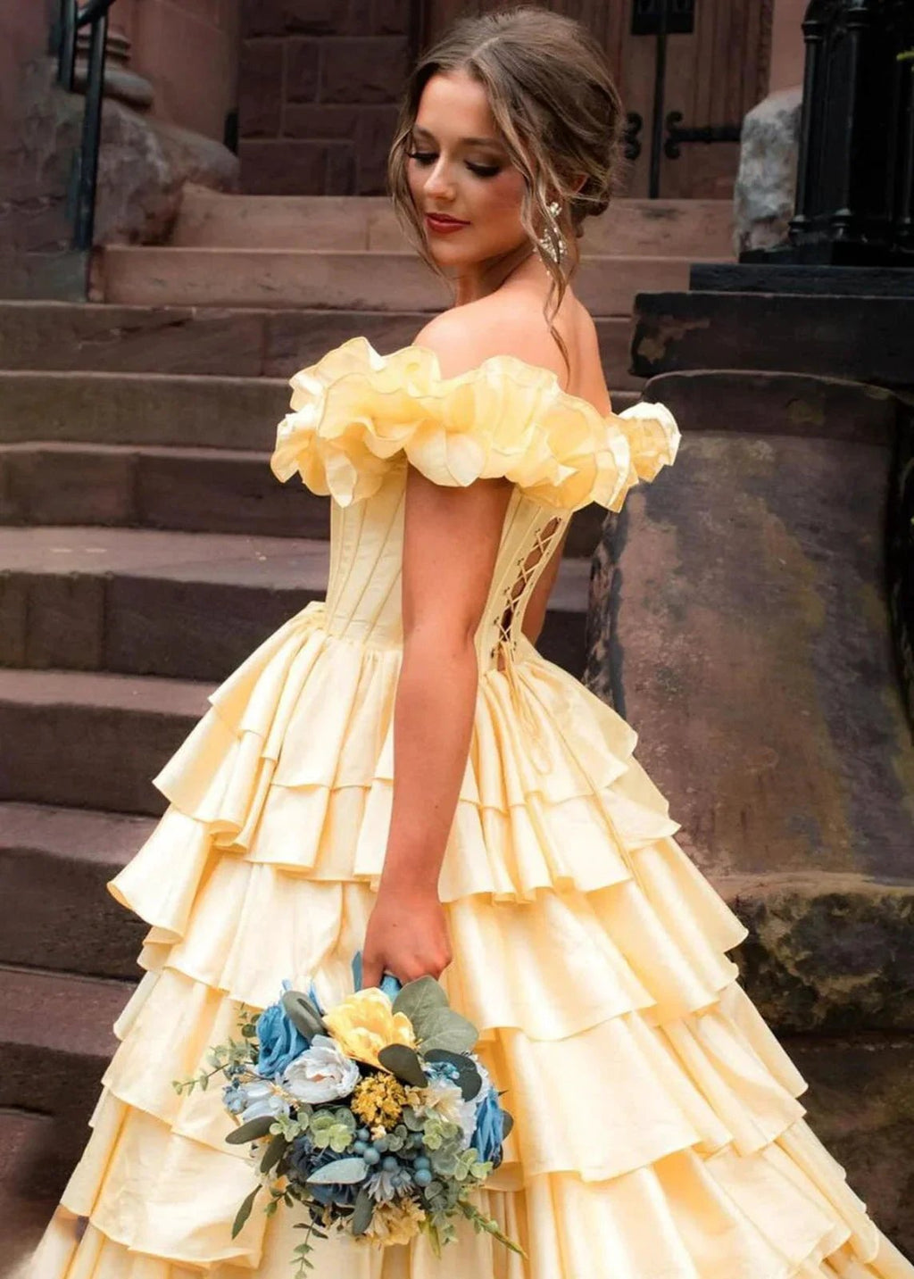 Madelynn | Off-Shoulder Ruched A-Line Layered Satin Prom Dress with Slit by KissProm