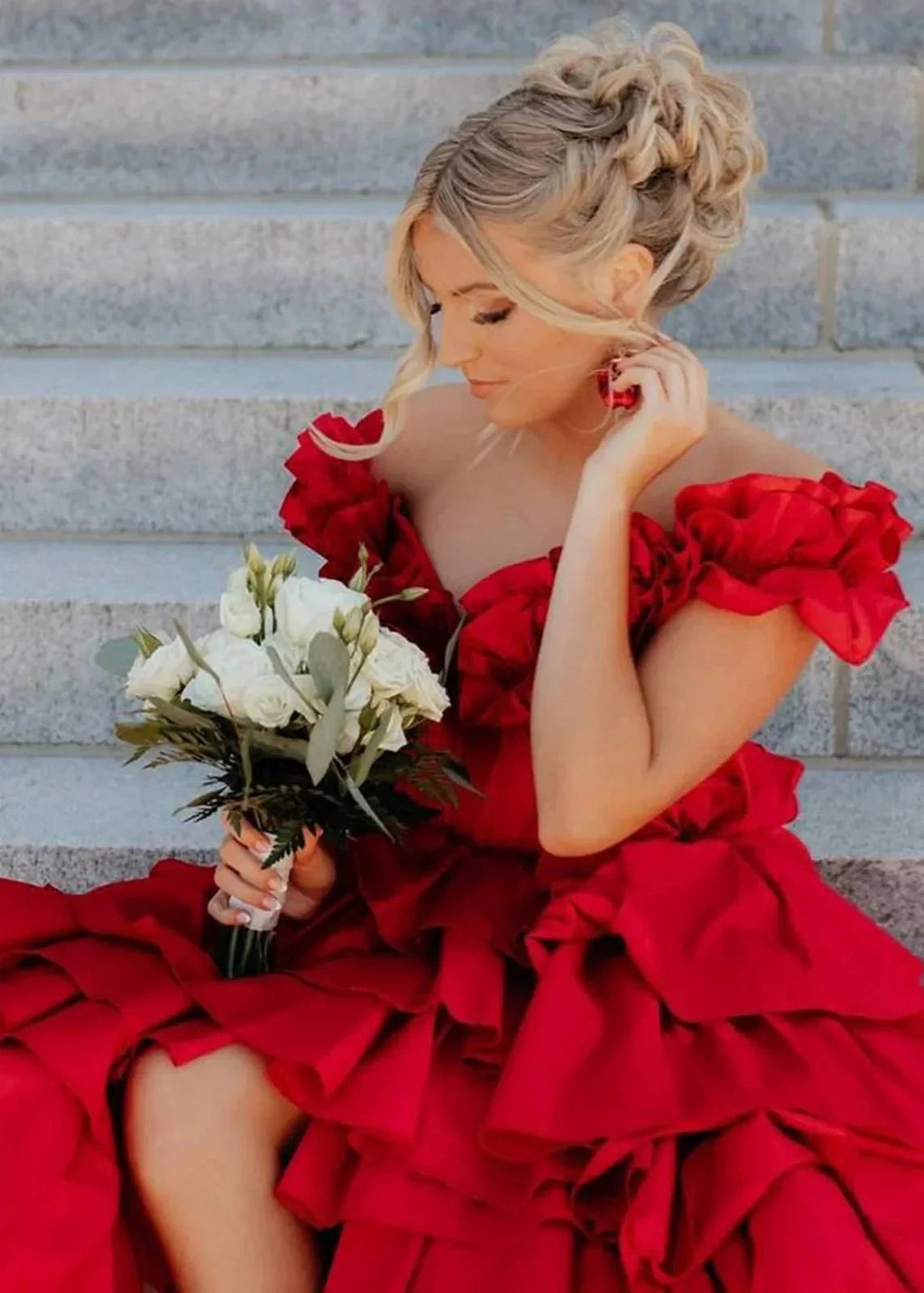 Madelynn | Off-Shoulder Ruched A-Line Layered Satin Prom Dress with Slit by KissProm