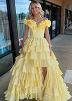 Madelynn | Off-Shoulder Ruched A-Line Layered Satin Prom Dress with Slit by KissProm