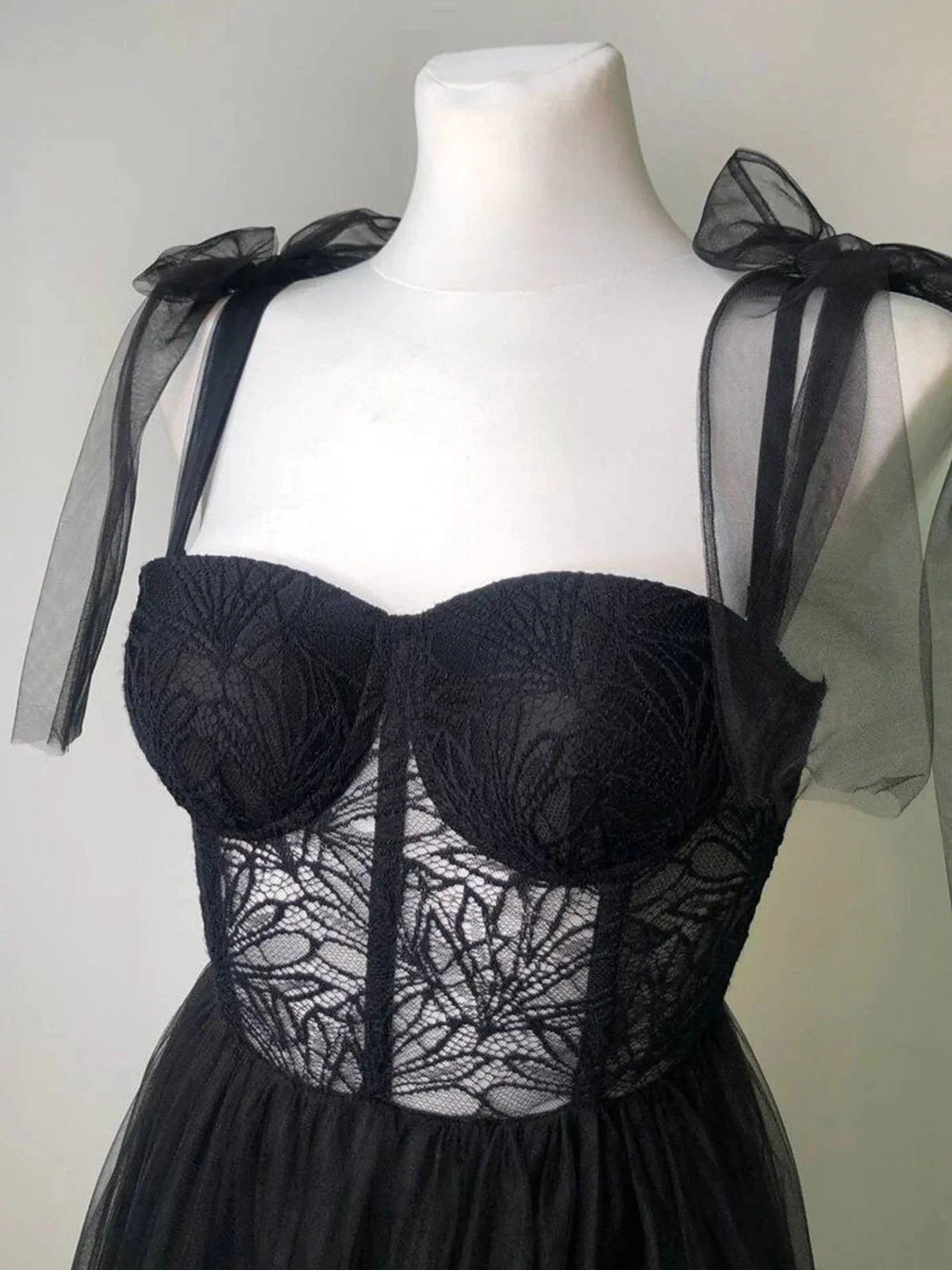 Maebi | A-line Black Lace Corset Tulle Long Prom Dress by KissProm