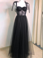 Maebi | A-line Black Lace Corset Tulle Long Prom Dress by KissProm