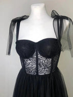 Maebi | A-line Black Lace Corset Tulle Long Prom Dress by KissProm