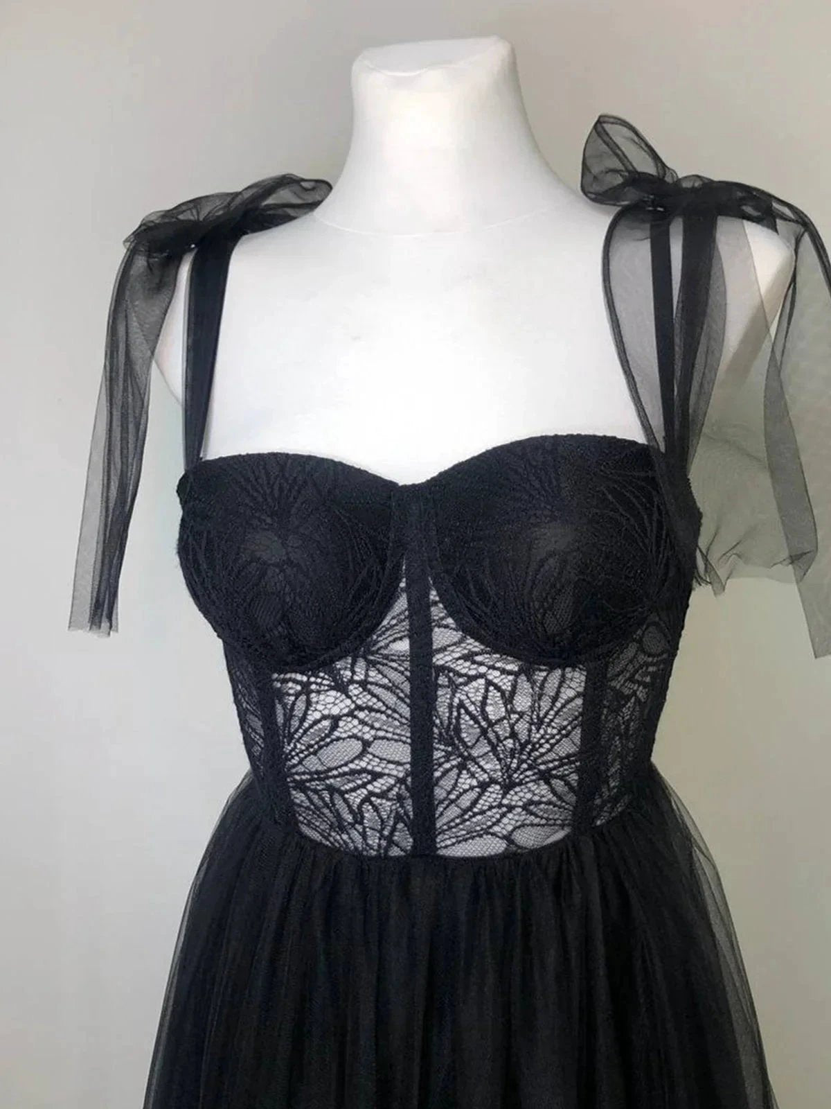 Maebi | A-line Black Lace Corset Tulle Long Prom Dress by KissProm