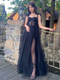 Maebi | A-line Black Lace Corset Tulle Long Prom Dress by KissProm