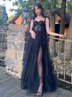 Maebi | A-line Black Lace Corset Tulle Long Prom Dress by KissProm