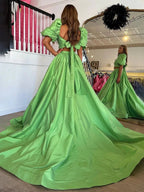Makai | Green Two-Piece Puff Sleeves Satin Long Prom Dress With Split by KissProm