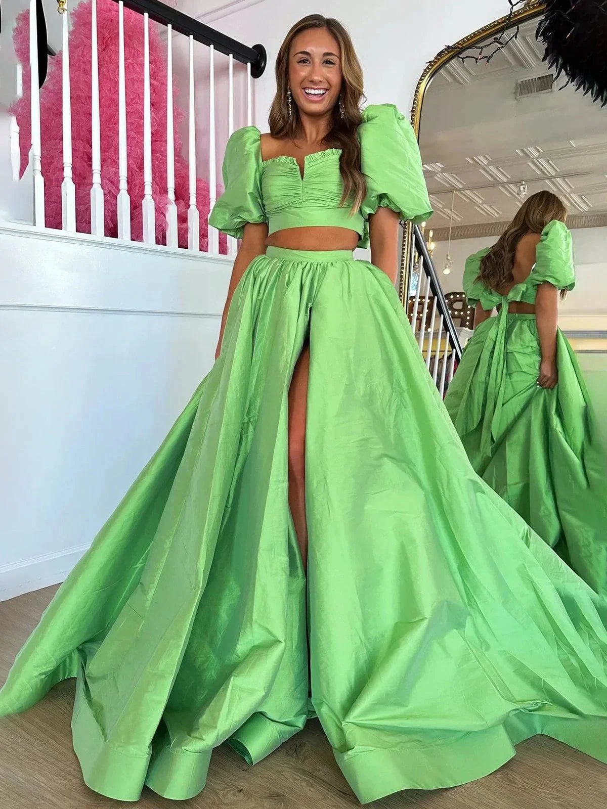 Makai | Green Two-Piece Puff Sleeves Satin Long Prom Dress With Split by KissProm