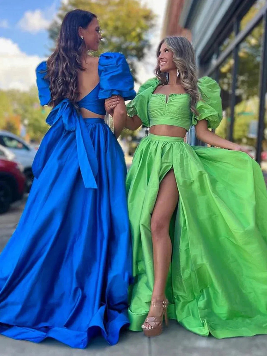 Makai | Green Two-Piece Puff Sleeves Satin Long Prom Dress With Split by KissProm