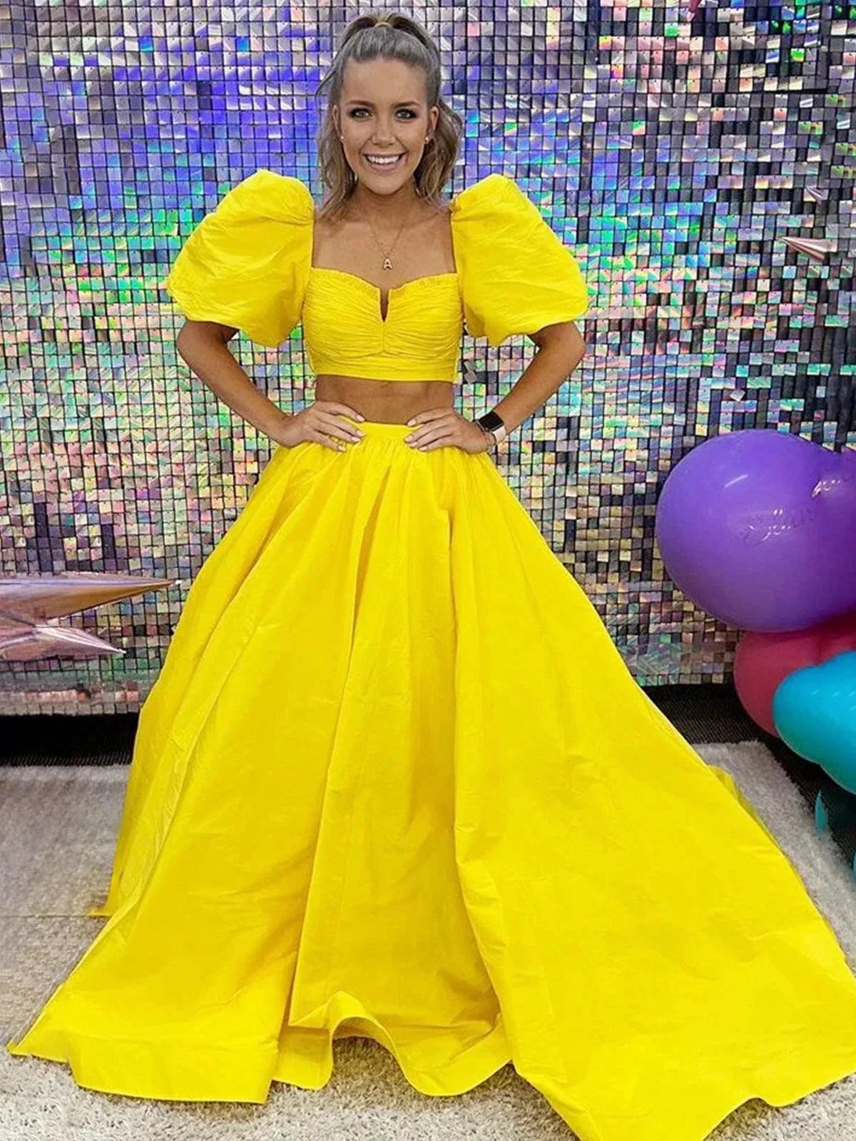 Makai | Green Two-Piece Puff Sleeves Satin Long Prom Dress With Split by KissProm