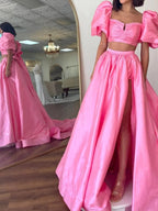 Makai | Green Two-Piece Puff Sleeves Satin Long Prom Dress With Split by KissProm