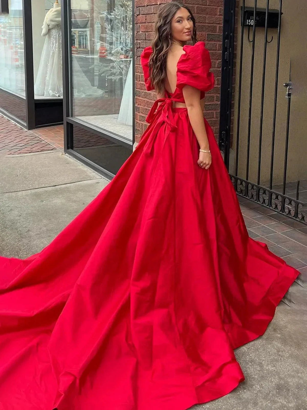 Makai | Green Two-Piece Puff Sleeves Satin Long Prom Dress With Split by KissProm