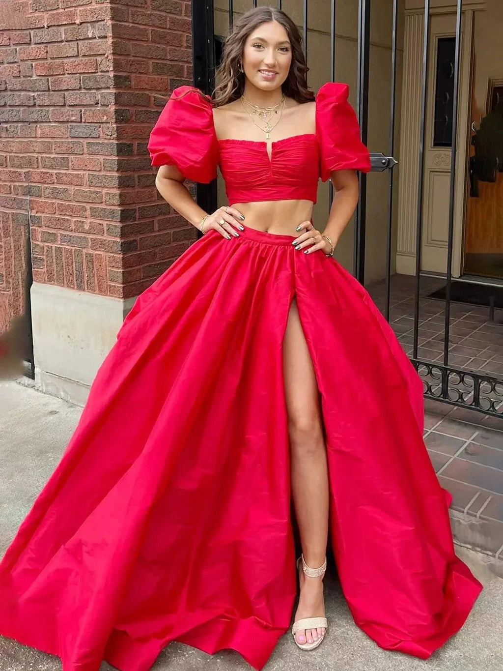 Makai | Green Two-Piece Puff Sleeves Satin Long Prom Dress With Split by KissProm