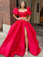 Makai | Green Two-Piece Puff Sleeves Satin Long Prom Dress With Split by KissProm