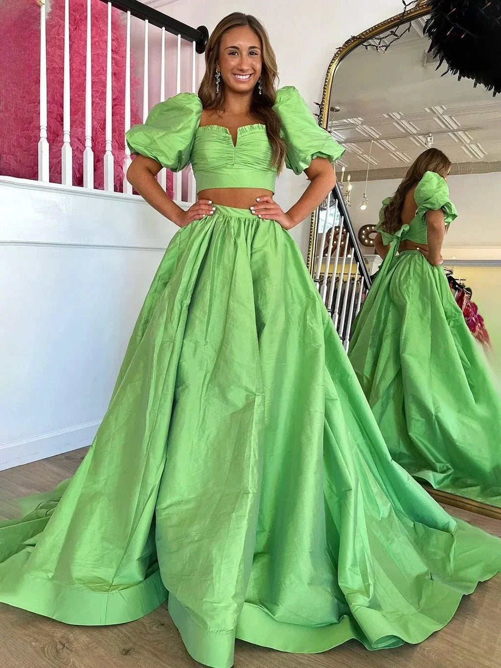 Makai | Green Two-Piece Puff Sleeves Satin Long Prom Dress With Split by KissProm