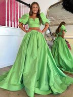 Makai | Green Two-Piece Puff Sleeves Satin Long Prom Dress With Split by KissProm