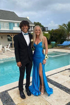 Mako | Cute Mermaid V Neck Blue Satin Slit Prom Dress by KissProm