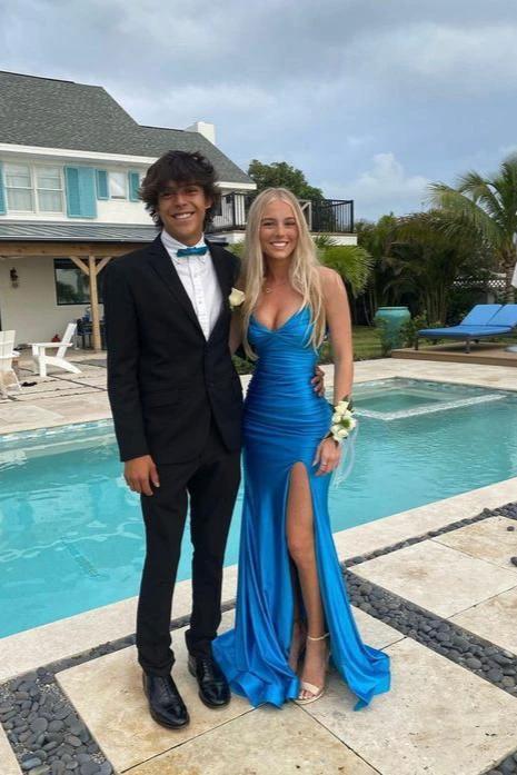 Mako | Cute Mermaid V Neck Blue Satin Slit Prom Dress by KissProm