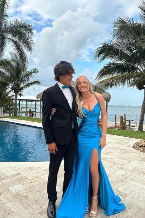 Mako | Cute Mermaid V Neck Blue Satin Slit Prom Dress by KissProm