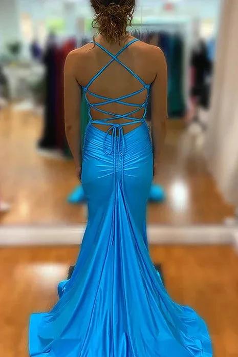 Barrie | Mermaid Spaghetti Straps Blue Satin Long Prom Dress with Criss Cross Back by KissProm