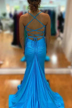 Barrie | Mermaid Spaghetti Straps Blue Satin Long Prom Dress with Criss Cross Back by KissProm