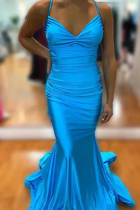 Barrie | Mermaid Spaghetti Straps Blue Satin Long Prom Dress with Criss Cross Back by KissProm