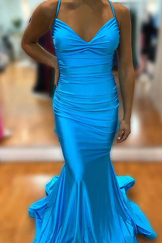 Barrie | Meerjungfrau-Ballkleid aus blauem Satin mit Spaghettiträgern und überkreuztem Rücken