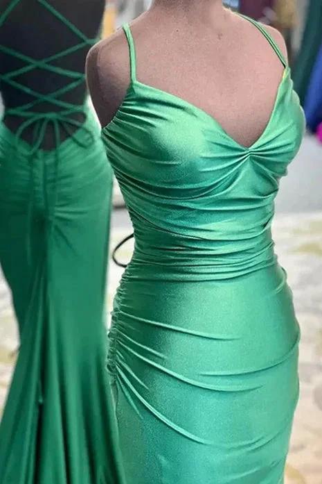 Barrie | Mermaid Spaghetti Straps Blue Satin Long Prom Dress with Criss Cross Back by KissProm