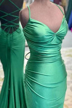 Barrie | Mermaid Spaghetti Straps Blue Satin Long Prom Dress with Criss Cross Back by KissProm