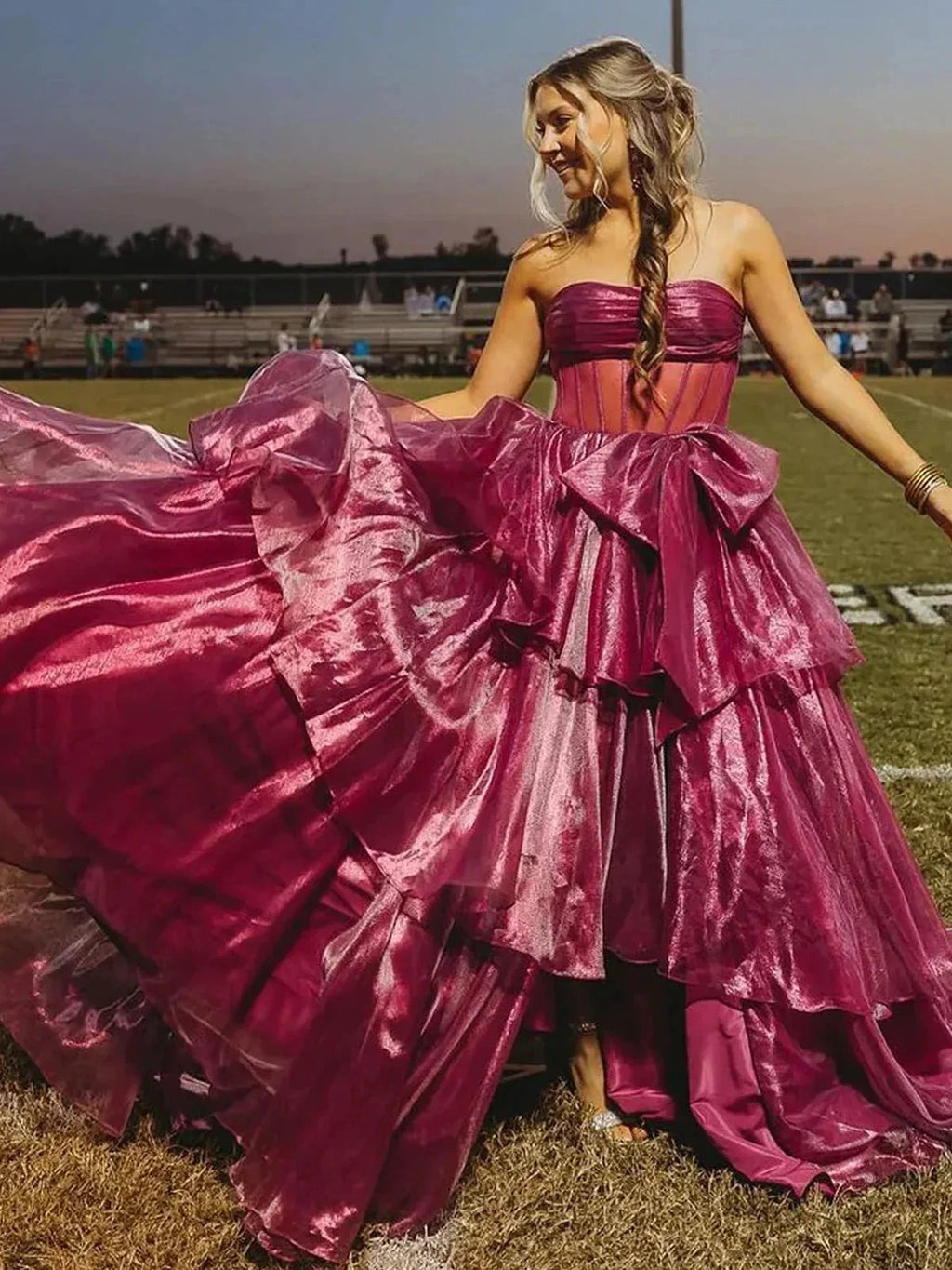 Malvis | Ball Gown Strapless Organza Long Prom Dresses with Bow by KissProm