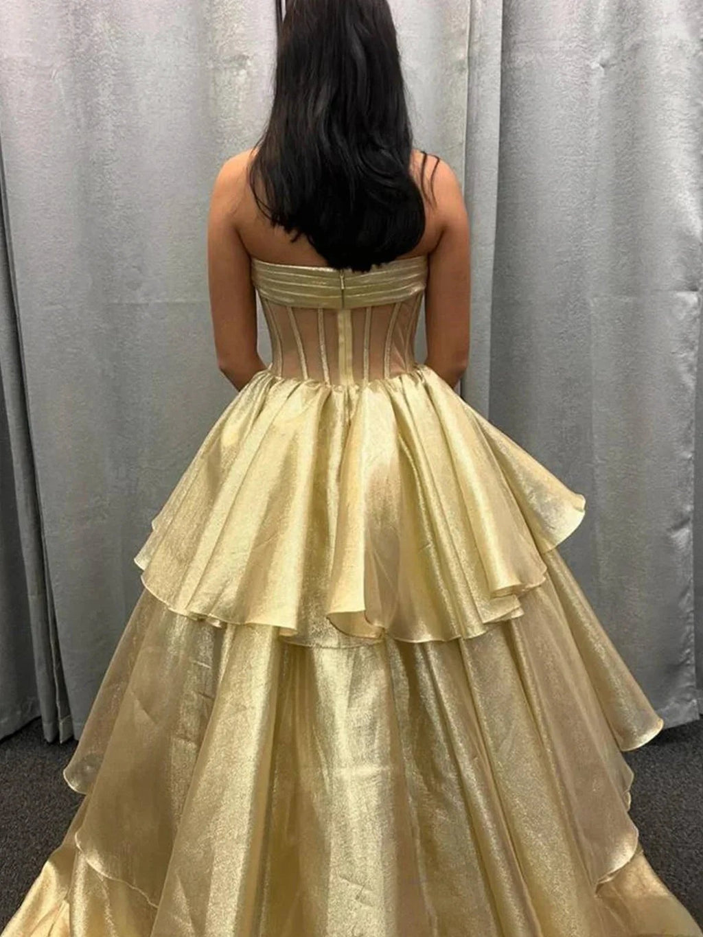 Malvis | Ball Gown Strapless Organza Long Prom Dresses with Bow by KissProm