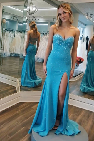 Mamie | Vestido de fiesta largo estilo sirena con escote en forma de corazón y cuentas, con abertura