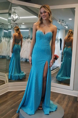 Mamie | Vestido de fiesta largo estilo sirena con escote en forma de corazón y cuentas, con abertura