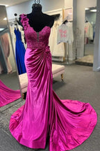Mandel|Red One-Shoulder 3D Floral Lace Pleated Long Gown with Slit by KissProm