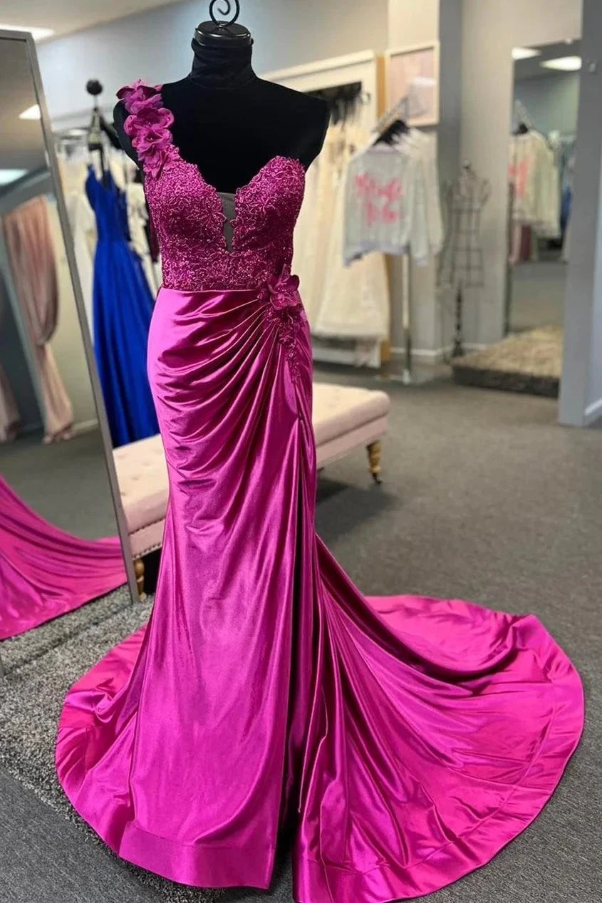 Mandel|Red One-Shoulder 3D Floral Lace Pleated Long Gown with Slit by KissProm